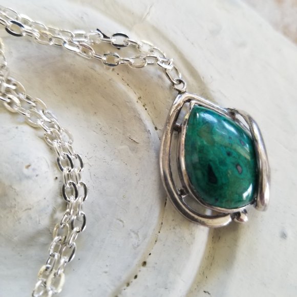 Teal Green Blue Agate Teardrop Gemstone & Sterling Necklace - Picture 6 of 14